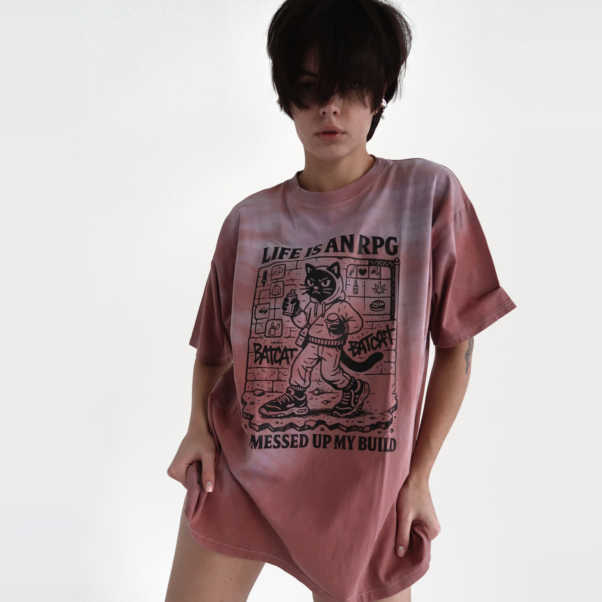 BatCat CUSTOM RPG REBORN, футболка oversize L у рожевому wash, фронтальний ракурс